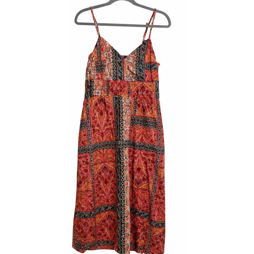 Old Navy womens small midi sun dress batik boho long patchwork coral peach